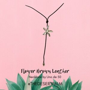 UNOde50 Sterling Silver Flower Lariat Necklace | Brown Leather Cord Adjustable